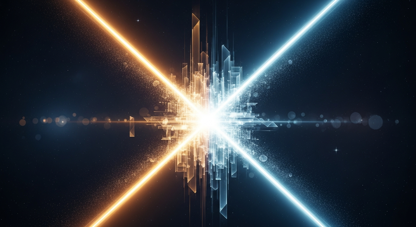 تيّاران من الضوء يتقاطعان في فضاءٍ كوني داكن: تيّار ذهبي يهبط من الأعلى يساراً، وآخر فضّي مزرقّ يهبط من الأعلى يميناً. عند نقطة التقائهما، تنبثق مدينةٌ من أبراج بلوريّة شفّافة تتدرّج ألوانها بين الذهبي والأزرق، وتطفو حولها ذرّاتٌ مضيئة كغبارٍ في شعاع شمس.