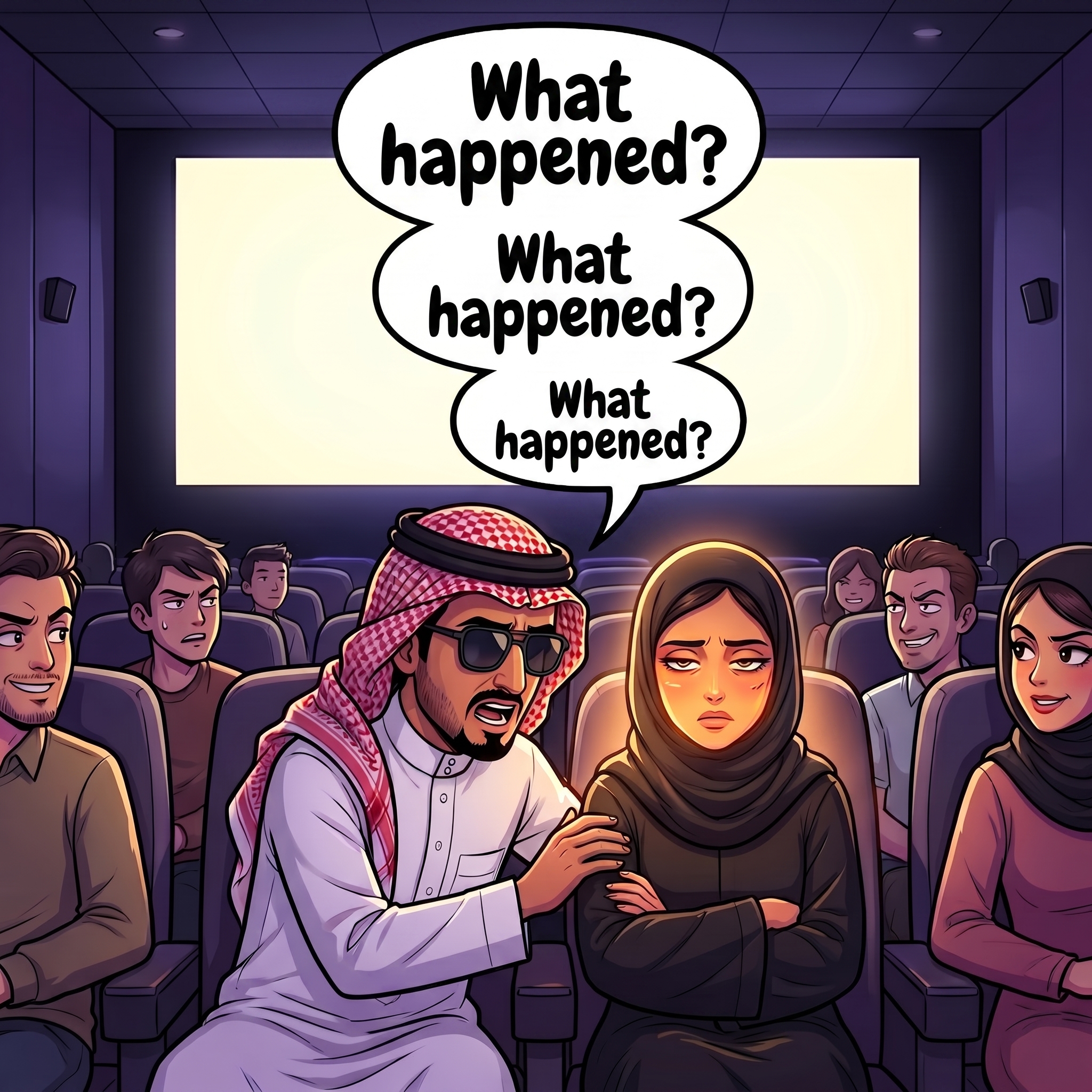 Cartoon illustration of Abdulaziz in a movie theater, wearing a white thobe and dark sunglasses, leaning toward a woman in hijab sitting next to him. Three speech bubbles above him read "What happened?" The woman has her arms crossed with a frustrated expression, while several audience members turn to look at them with annoyed faces. The cinema screen glows behind them.