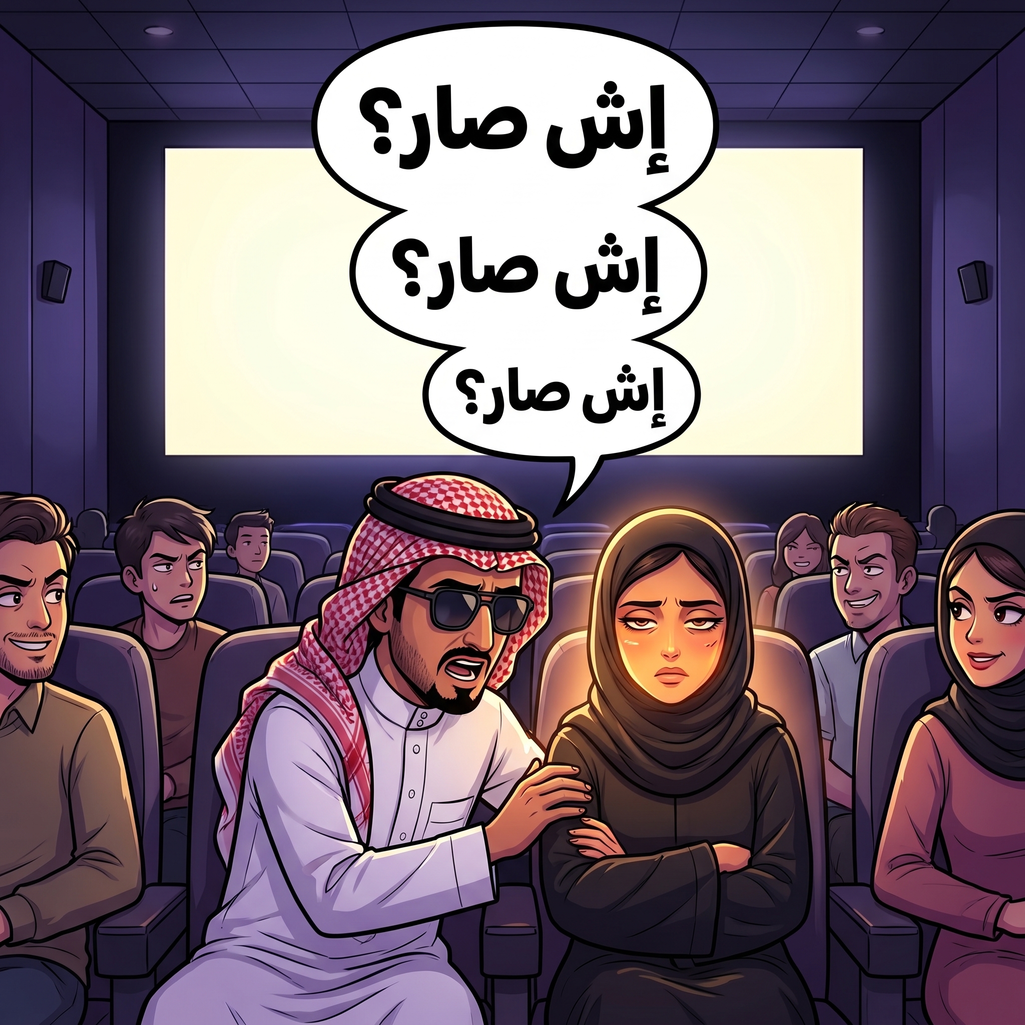 رسم كاريكاتوري لعبدالعزيز في صالة سينما، يرتدي ثوباً أبيض ونظارات شمسية داكنة ويميل نحو امرأة محجبة تجلس إلى جانبه. فوقه ثلاث فقاعات حوار متتالية تقول "إش صار؟". تطوي المرأة ذراعيها وعلى وجهها تعابير الإحباط، بينما يلتفت إليهما عدد من الجمهور بنظرات انزعاج. وتظهر شاشة السينما مضاءةٌ خلفهم.