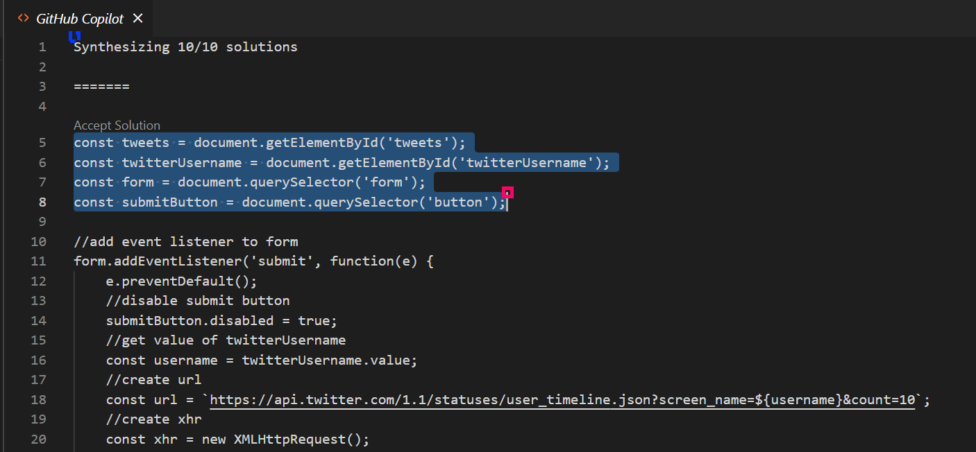مستند Copilot الذي يظهر عند ضغط CTRL+Enter, يظهر في الصورة أربعة أسطر محددة، وهي تعريف لمتغيرات Javascript لقائمة التغريدات، ومربع الإدخال، والنموذج، وزر إرسال النموذج