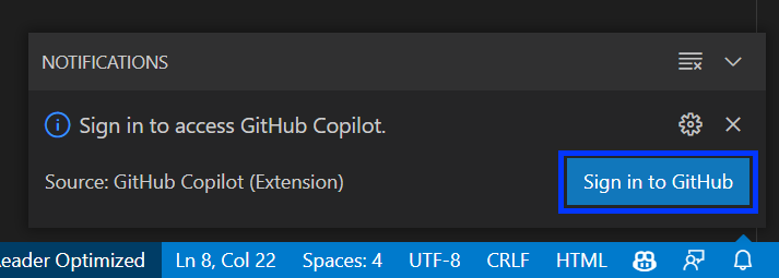 إشعار الربط مع GitHub أسفل الشاشة، ويظهر فيه زر Sign in to GitHub