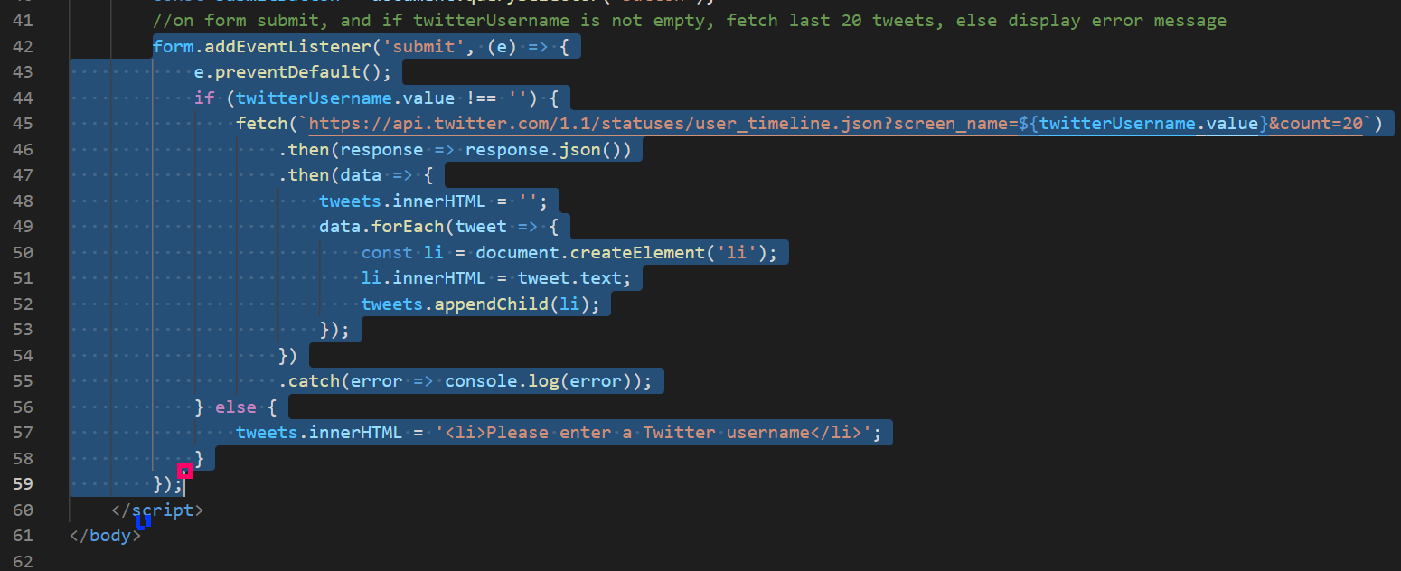 تمت كتابة دالة Event Listener للنموذج عند إرساله