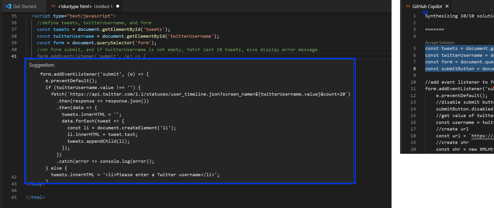تظهر اقتراحات Copilot عند كتابة التعليق