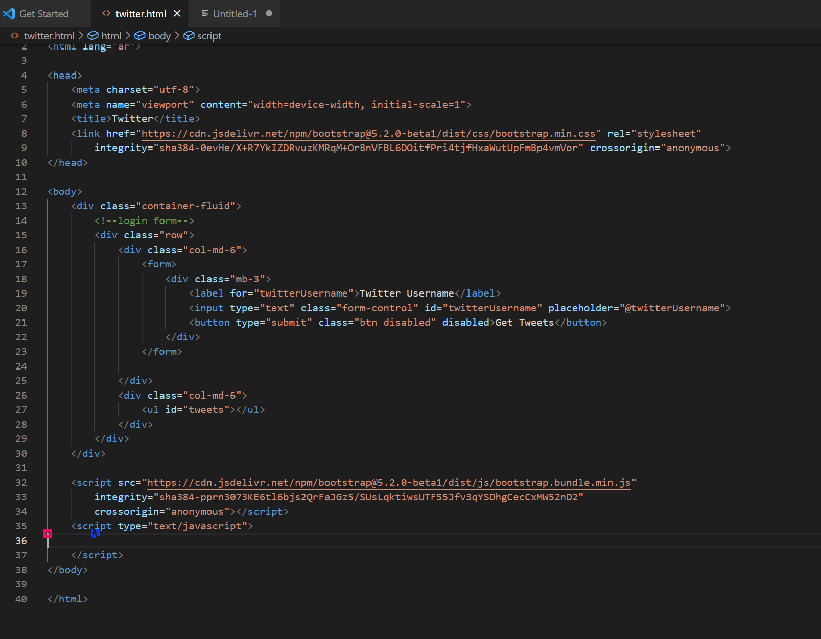 كود صفحة HTML تحوي نموذج، يحوي مربع تحرير لاسم المستخدم وزر لجلب التغريدات